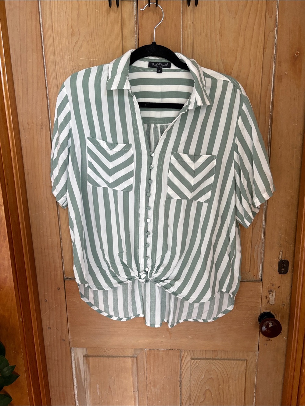 Velvet Heart Green and White Striped Button-Up Top